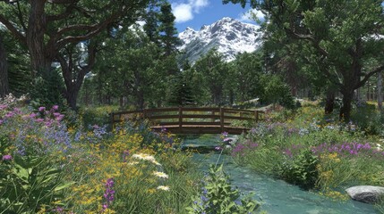 Colorful Spring Meadow With Wooden Bridge And Mountain Background