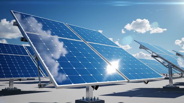 Solar Panels Collecting Sunlight With Blue Sky
