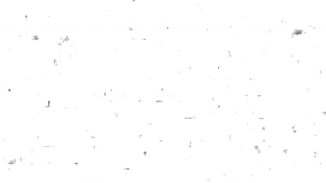Filmgrain. Grunge Texture Overlay, film dust, vintage overlay, flicker grain. Animated Dust Effect white background. Black dots and small scratches on the white screen 4K Video.
