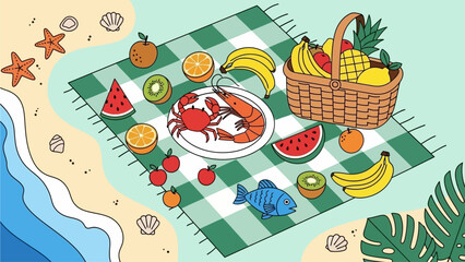 Delicious breakfast spread on a beach blanket with fresh fruit and pastries, perfect for a seaside morning meal