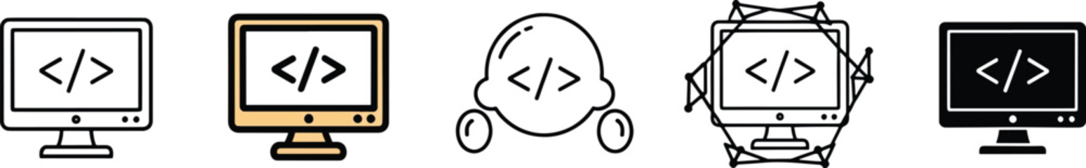 Five variations of a programming icon illustrating coding on a computer monitor screen Vector