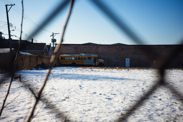 abandoned school bus in winter