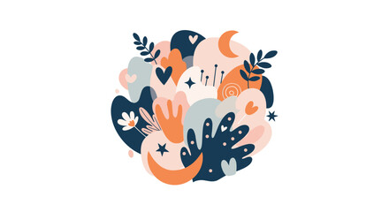 Abstract composition of hand-drawn organic shapes, floral elements, hearts, moons, and stars in a modern, artistic circular design.