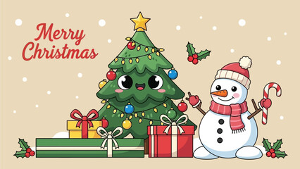 Charming illustration of a festive Christmas tree and friendly snowman surrounded by colorful presents, perfect for holiday greetings and winter celebrations