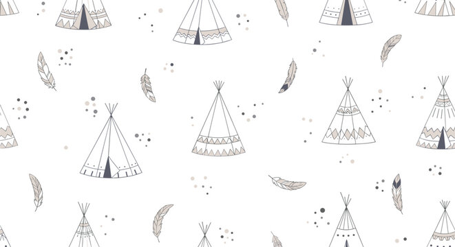 Seamless bohemian pattern with hand-drawn teepees, feathers, and dots in a minimalist style, perfect for nursery or kids' decor.