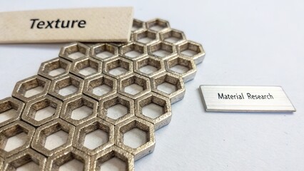 Close-Up of Honeycomb Structure Showing Texture and Material Research Label on Clean White Background for Design Purposes