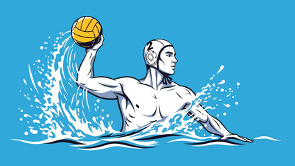 An athletic water polo player holds the ball above the water, ready to make a pass or shoot Vector