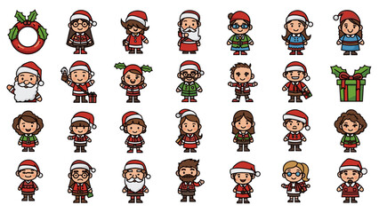 Fototapeta premium Set of diverse cartoon characters in christmas attire
