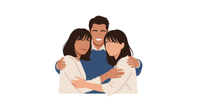 A smiling man tenderly hugging two women in a group hug, illustrating friendship, family love, or a polyamorous relationship.