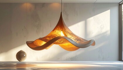 A sculptural pendant light with a wavy glowing amber interior hangs in a sunlit minimalist room with textured white walls