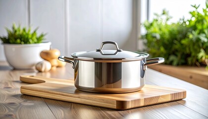 A shiny stainless steel pot with a lid sits on a wooden cutting board in a brightly lit kitchen with fresh herbs in the background