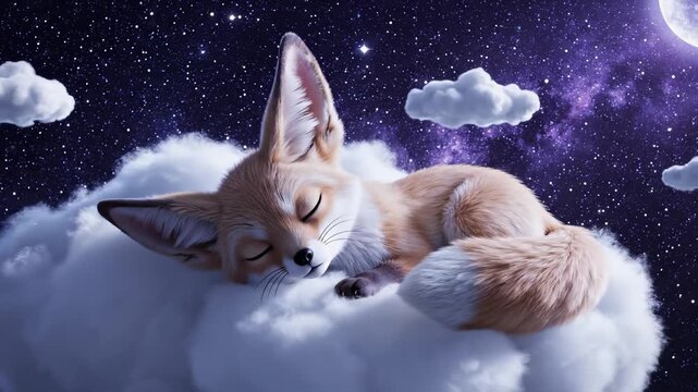 Fennec Fox Sleeping Peacefully on a Cloud at Night