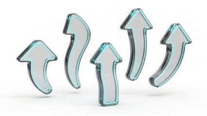 Upward-pointing translucent pointers with a curved, flowing shape and a soft, glowing cyan edge, a 3D glassmorphism arrow icon set isolated on white