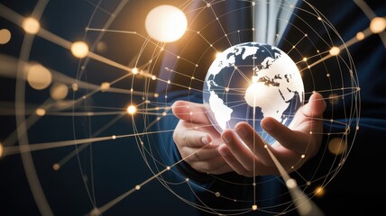 Global network connection and data exchange in businessman hands. Business and technology concept.