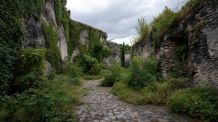 Overgrown Stone Pathway between Moss Covered Walls under Cloudy Skies in Historical Courtyard with Green Bushes