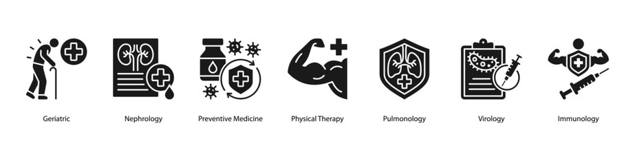 Obraz premium Preventive and Specialized Care web banner illustration featuring Geriatric, Nephrology, Preventive Medicine, Physical Therapy, Pulmonology, Virology, and Immunology.