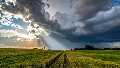sunlight forming a precise vertical beam through storm clouds onto the ground