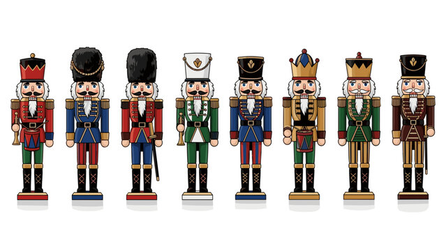 Row of eight wooden nutcracker soldiers