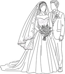 Elegant faceless line art drawing of a bride and groom for a wedding invitation design Vector
