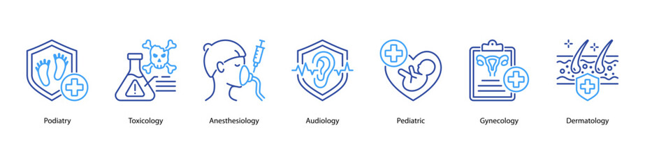 Clinical Specialties web banner illustration featuring Podiatry, Toxicology, Anesthesiology, Audiology, Pediatric, Gynecology, and Dermatology.