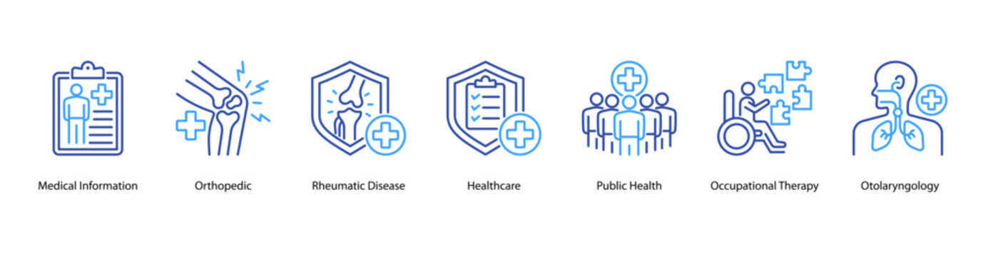 Medical Services web banner illustration featuring Medical Information, Orthopedic, Rheumatic Disease, Healthcare, Public Health, Occupational Therapy, and Otolaryngology.