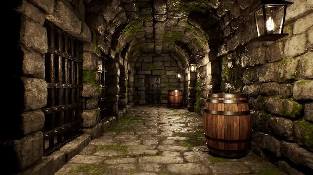 Ancient moss-covered stone dungeon corridor with vaulted arches and dim torchlight