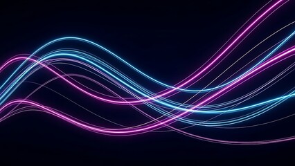 Fototapeta premium Luminous neon pink and blue light trails curve across a dark background in a fluid, wavy motion. The glowing streaks create a sense of speed, energy, and digital connectivity.