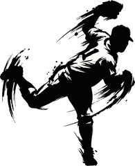 Baseball Pitcher Silhouette Ink Brush Style. Japanese Yakyuu Player Throwing Ball Vector for Asian Games