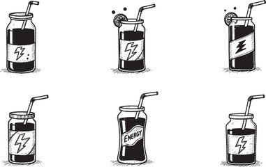 A set of six unique hand drawn illustrations of energy drinks in jars and cans Vector