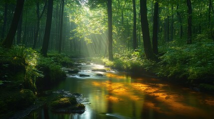 Obraz premium Sunbeams Through Forest Canopy Over Flowing Stream