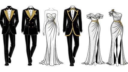 Formal wear illustration of tuxedos and evening gowns