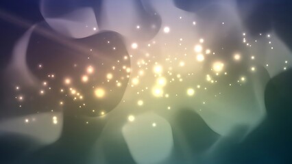 Fototapeta premium A magical abstract background featuring golden particles of light shimmering against a soft, dark gradient of purple and teal. Ethereal sunbeams cut through the dreamy, bokeh-filled space.