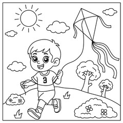 Cartoon illustration of a boy playing a kite in the park. Sketch for education, children's activities, and coloring books.