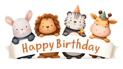 Cute animal characters holding Happy Birthday lettering