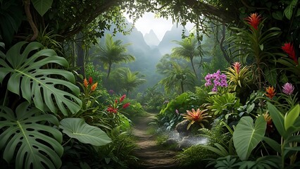 Obraz premium A lush, misty jungle path framed by vibrant tropical flowers and large monstera leaves. Distant jagged mountain peaks rise through the hazy, atmospheric sunlight.