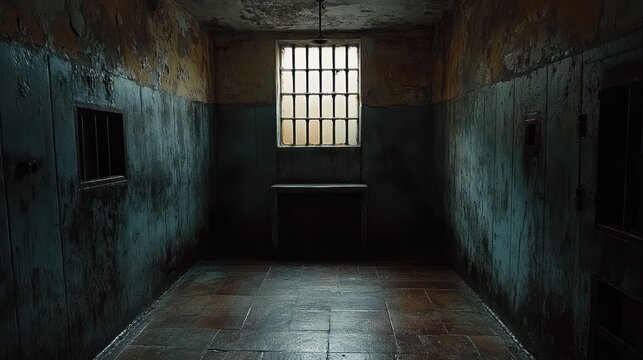 Eerie Abandoned Prison Cell Interior with Grated Window