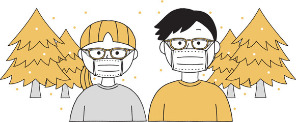 花粉を飛ばす杉の木とメガネとマスクをした男女単色