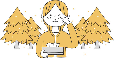 花粉を飛ばす杉の木と花粉症に苦しむ女性単色