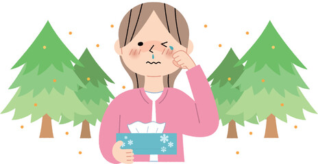 花粉を飛ばす杉の木と花粉症に苦しむ女性
