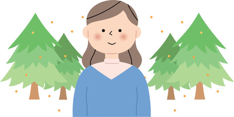 花粉を飛ばす杉の木と笑顔の女性