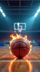 Obraz premium Burning Basketball Rolling on a Court in a Dramatic Arena with Spectator Excitement