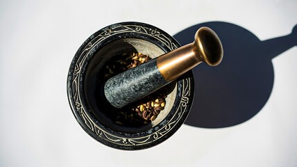 Stone mortar and pestle used for grinding spices