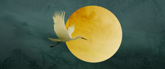 Art background with a moon and a crane on a blue background with a watercolor texture. A natural vector backdrop for decor, wallpaper, posters, textiles, interior design, and packaging.