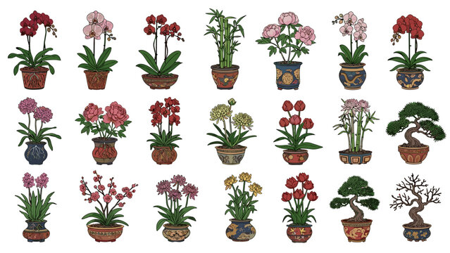 Collection of colorful cyclamen flowers in pots