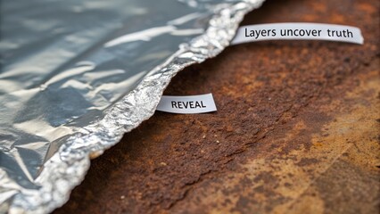 Layers of Metal Foil Uncover Hidden Truth on Rusty Surface in Captivating Still Life Composition for Artistic Imagery