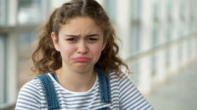 Emotionally expressive portrait of a girl pouting in disappointment showcasing youthfulness, playful innocence, and dynamic facial expressions indoors