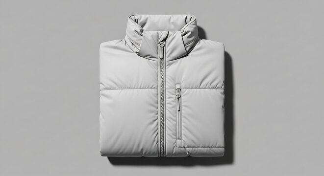 Folded White Puffer Jacket on Gray Background, Minimalist Style.