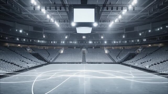 Empty Large Indoor Sports Stadium With Lighting System.