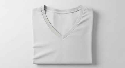 Folded White V-Neck T-Shirt on White Background, Minimalist Style.