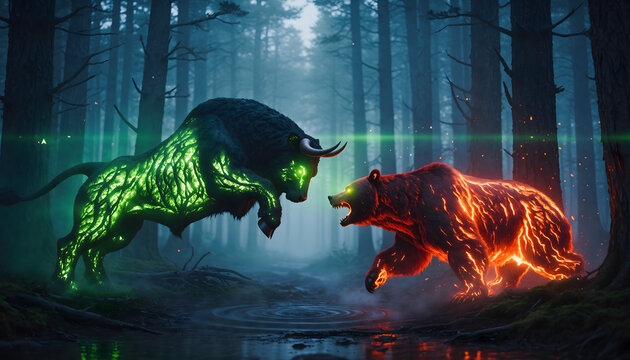 A surreal forest landscape with a glowing green bullish figure opposing a fiery bearish entity surrounded by misty trees and a misty atmosphere in a fantasy world